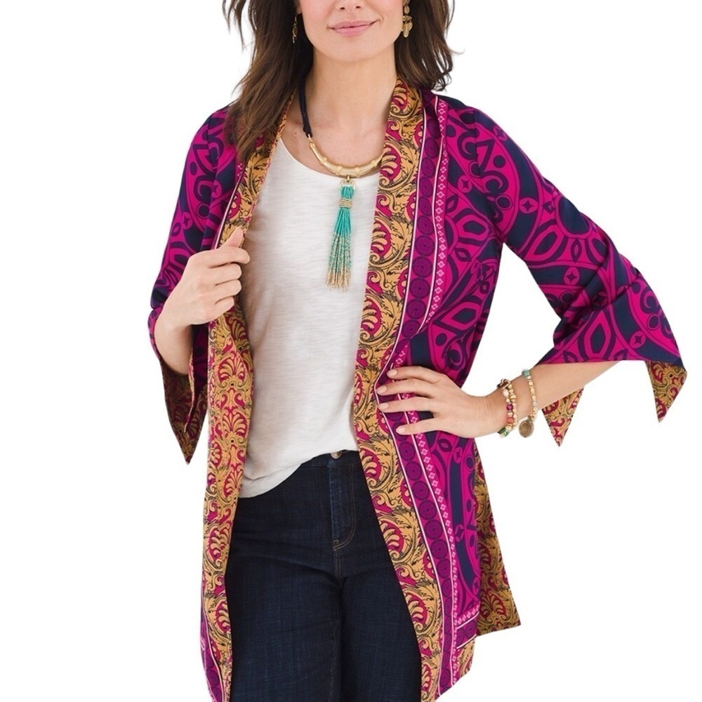 Chico’s women’s Reversible Kimono art to wear artsy pink/ mustard